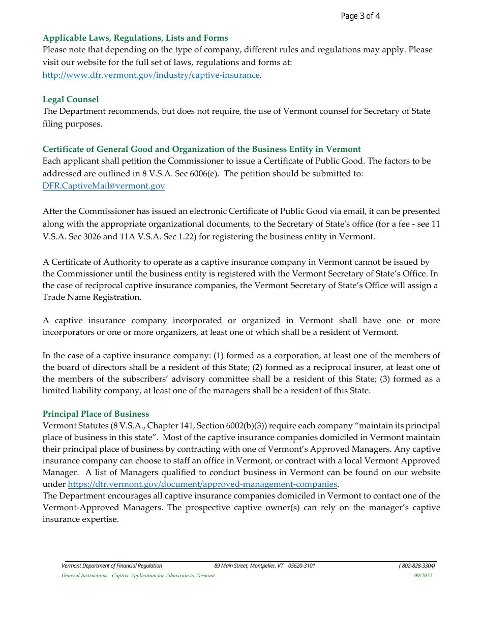 Form E701 Captive Application for Admission to Vermont - Vermont, Page 3