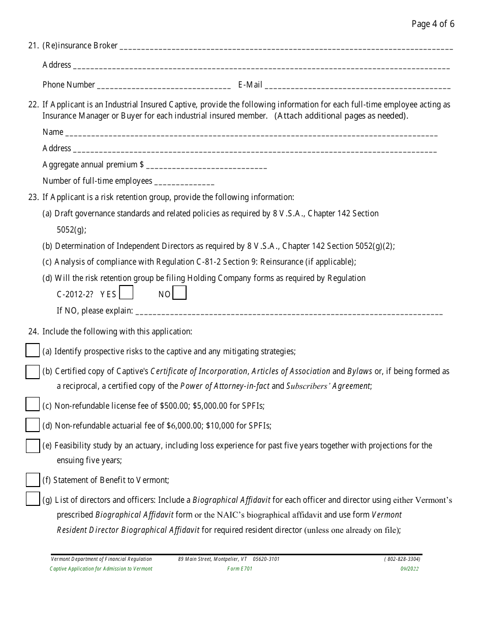 Form E701 Captive Application for Admission to Vermont - Vermont, Page 8