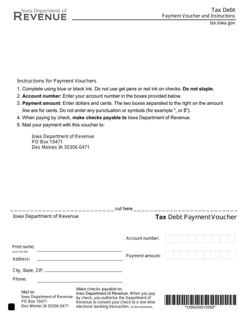 Form 96-803 Tax Debt Payment Voucher - Iowa, Page 1