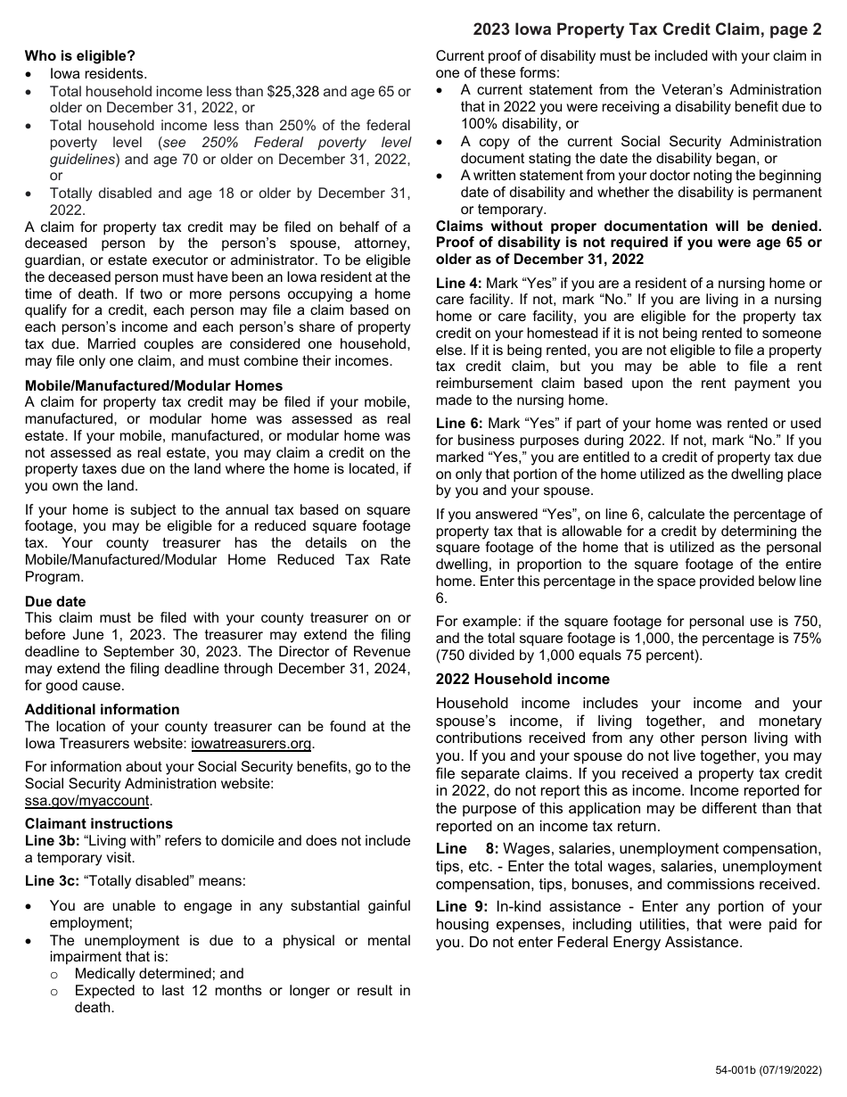 Form 54-001 Iowa Property Tax Credit Claim - Iowa, Page 2