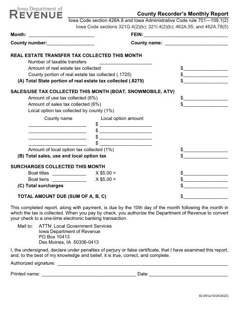Form 92-091  Printable Pdf