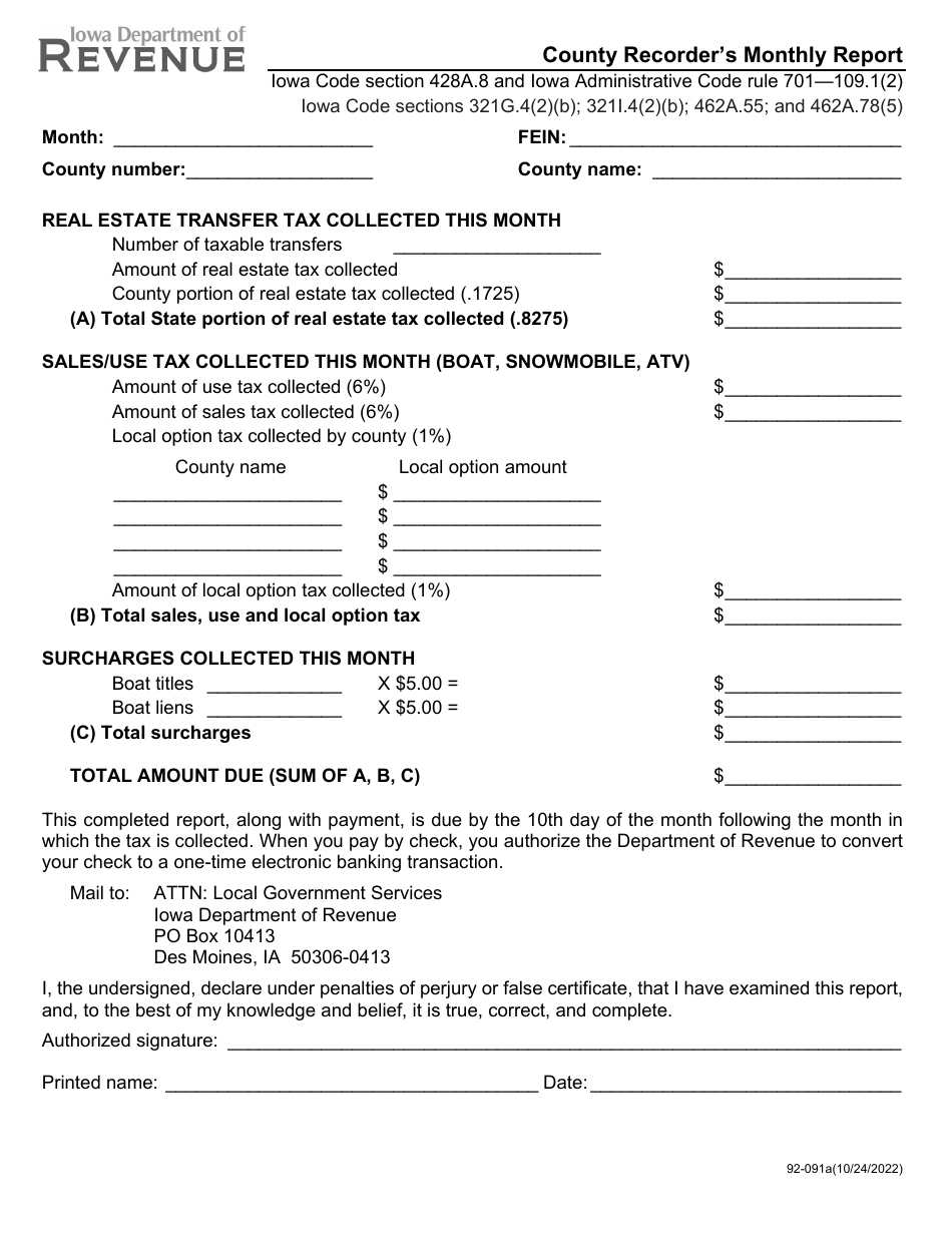 Form 92091 Fill Out, Sign Online and Download Fillable PDF, Iowa