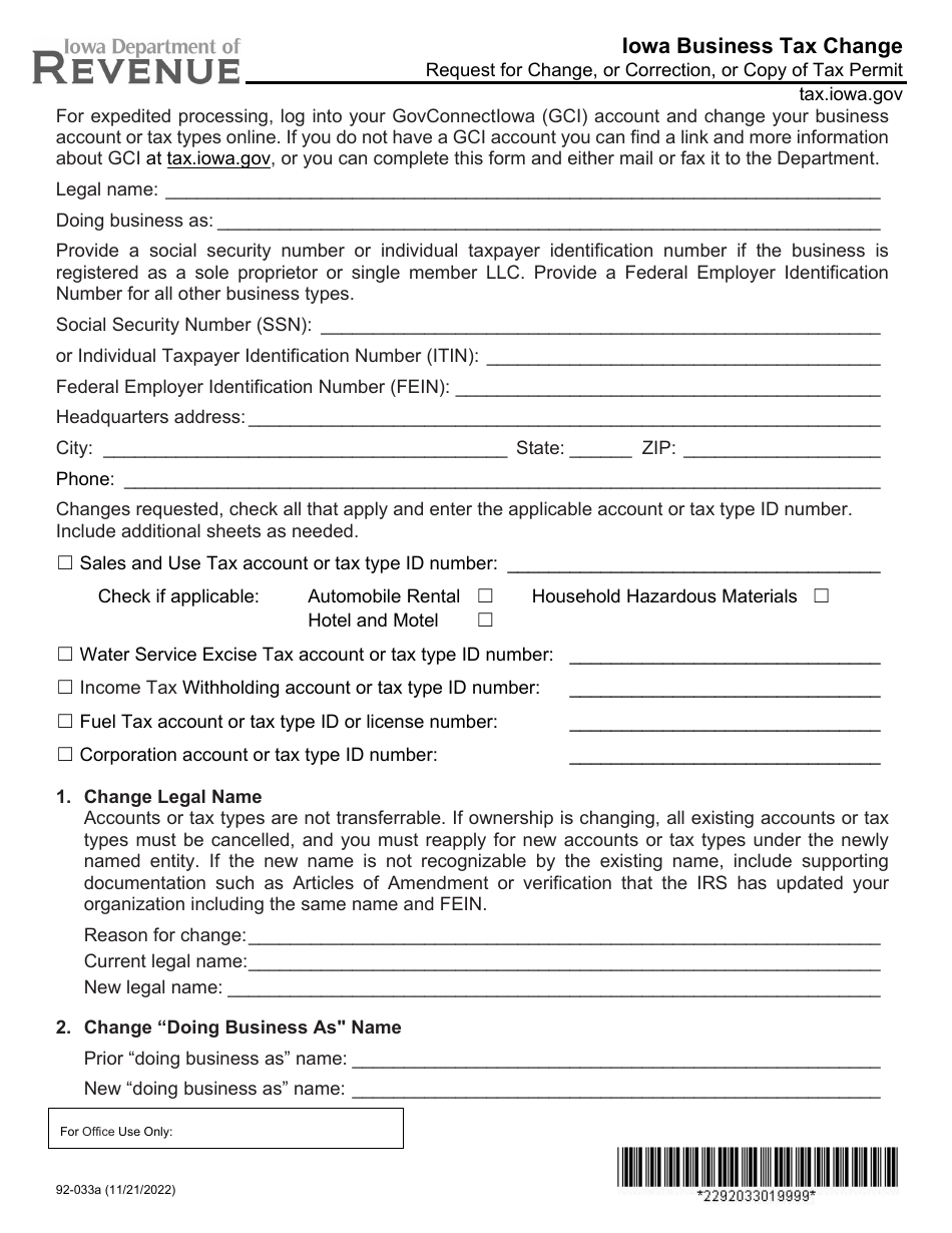 Form 92-033 Iowa Business Tax Change - Request for Change, or Correction, or Copy of Tax Permit - Iowa, Page 1
