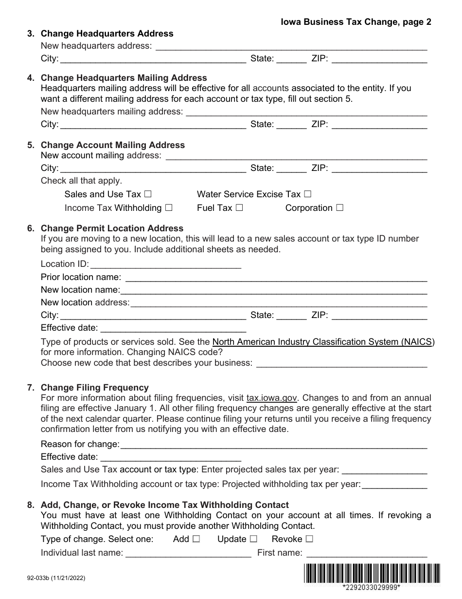 Form 92-033 Iowa Business Tax Change - Request for Change, or Correction, or Copy of Tax Permit - Iowa, Page 2