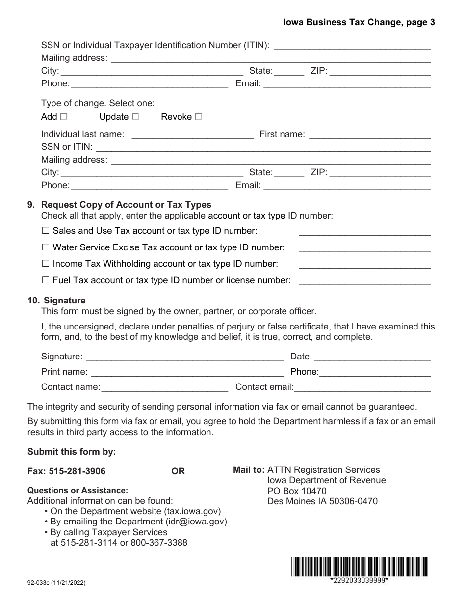 Form 92-033 Iowa Business Tax Change - Request for Change, or Correction, or Copy of Tax Permit - Iowa, Page 3