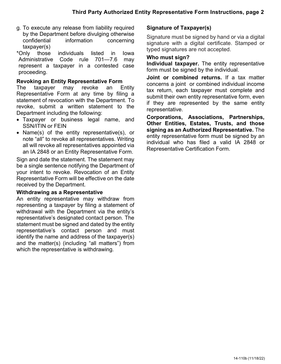 Form 14-110 Third Party Authorized Entity Representative Form - Iowa, Page 2