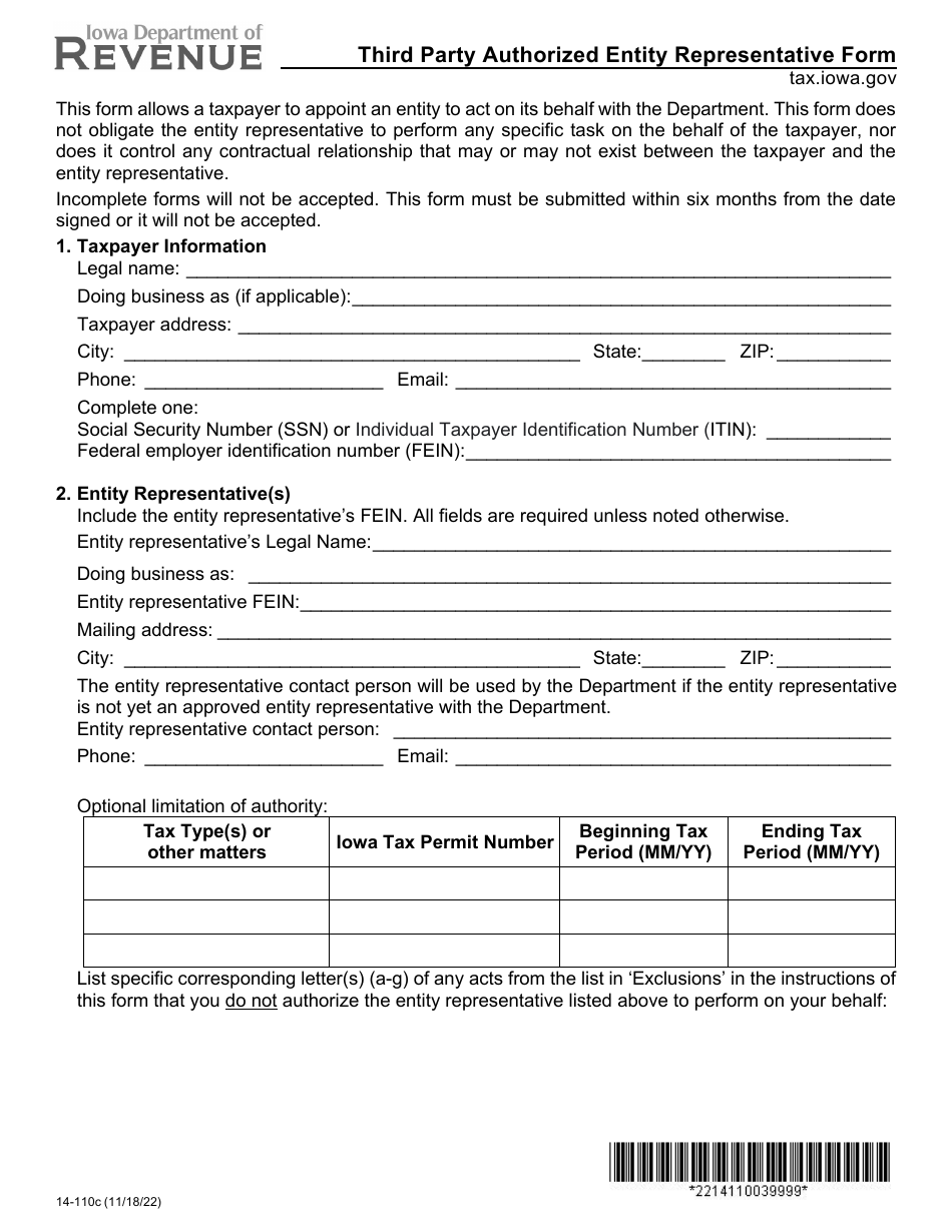 Form 14-110 Third Party Authorized Entity Representative Form - Iowa, Page 3