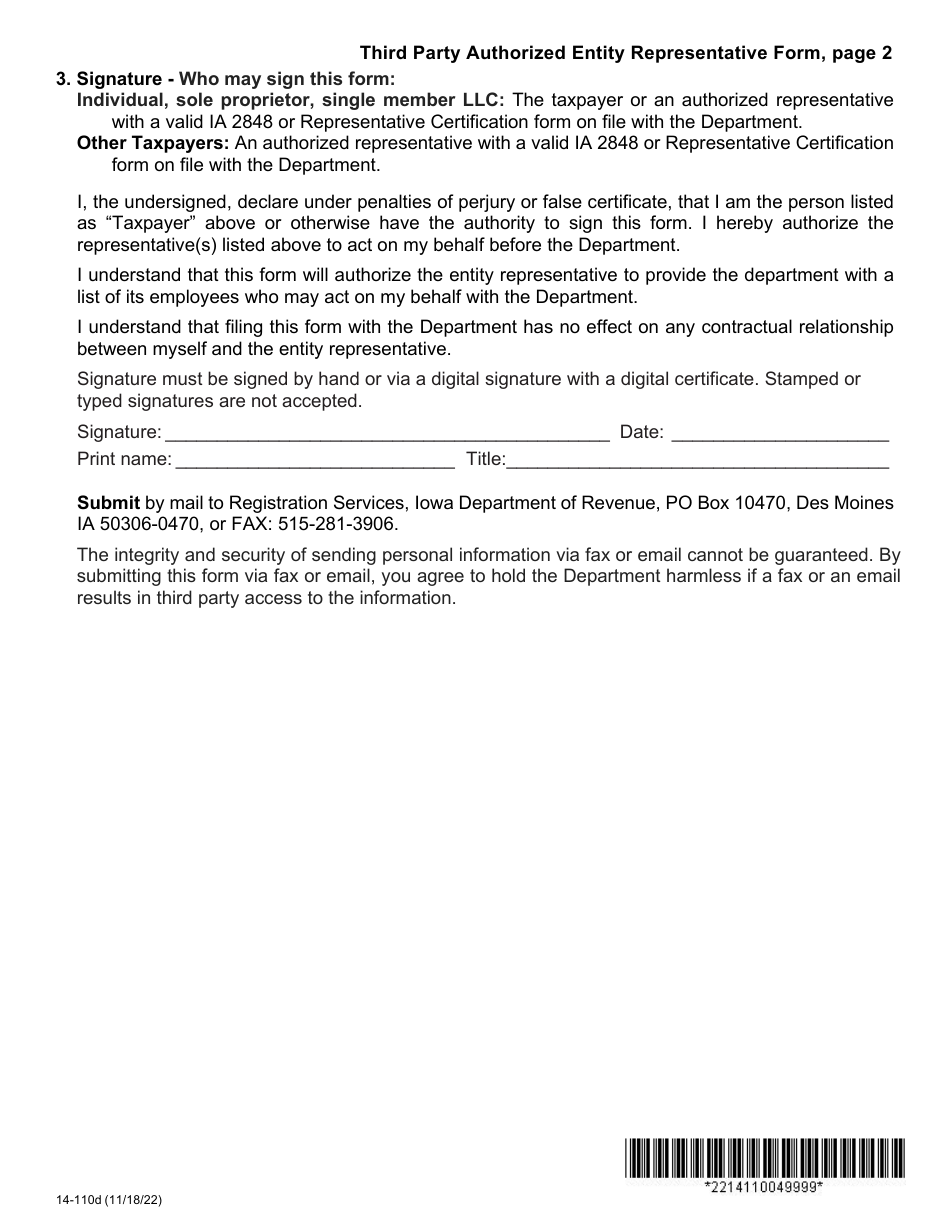 Form 14-110 Third Party Authorized Entity Representative Form - Iowa, Page 4