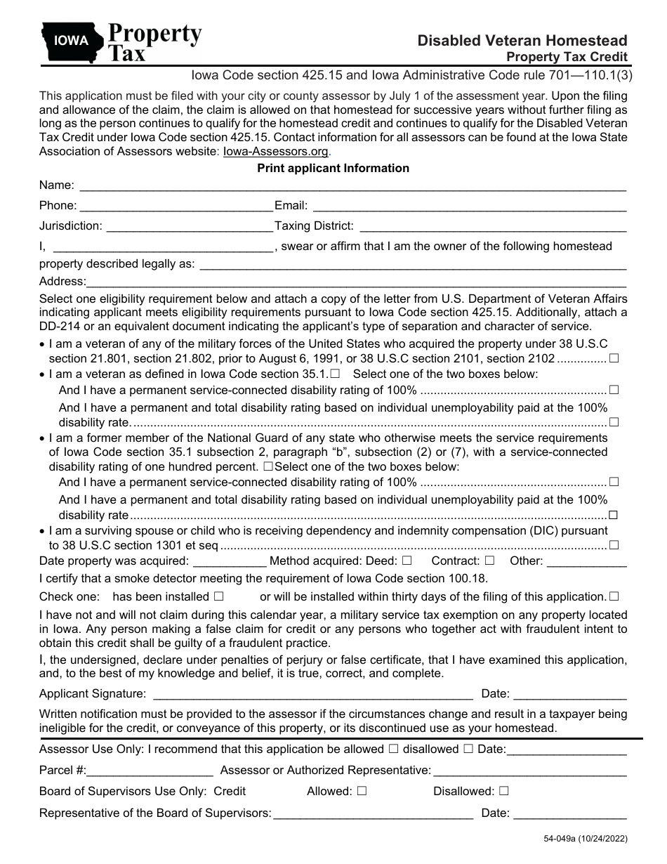 Form 54-049 Disabled Veteran Homestead Property Tax Credit - Iowa, Page 1
