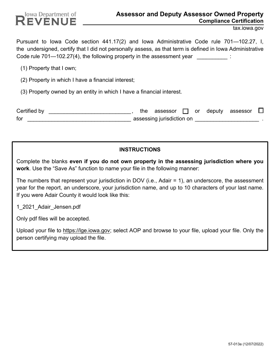 Form 57013 Download Fillable PDF or Fill Online Assessor and Deputy