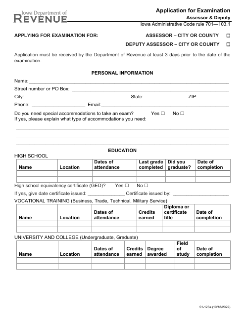 Form 51-123 Application for Examination Assessor &amp; Deputy - Iowa