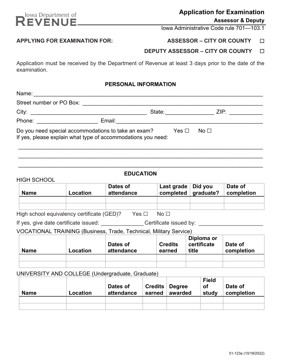 Form 51-123 Application for Examination Assessor  Deputy - Iowa, Page 1