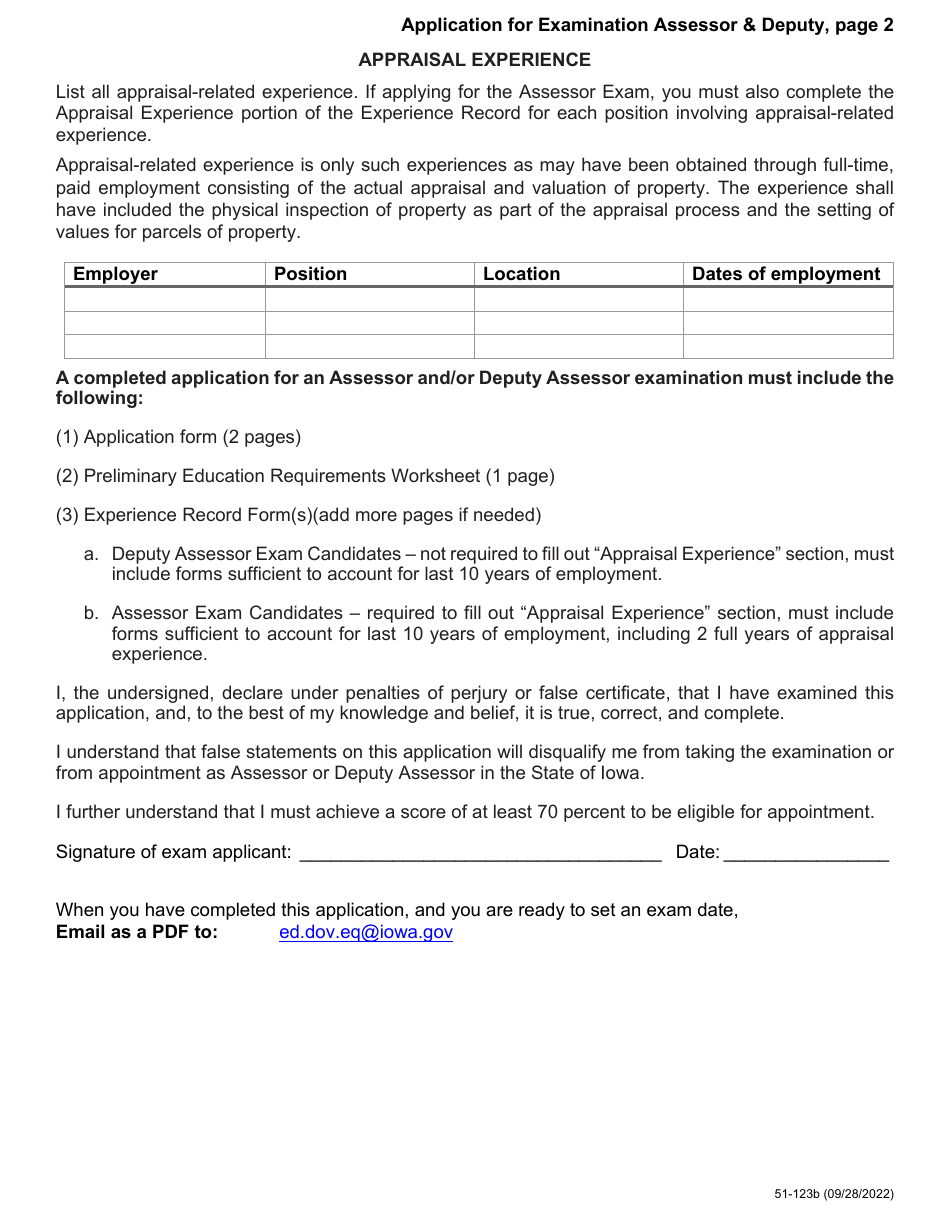 Form 51-123 Application for Examination Assessor  Deputy - Iowa, Page 2