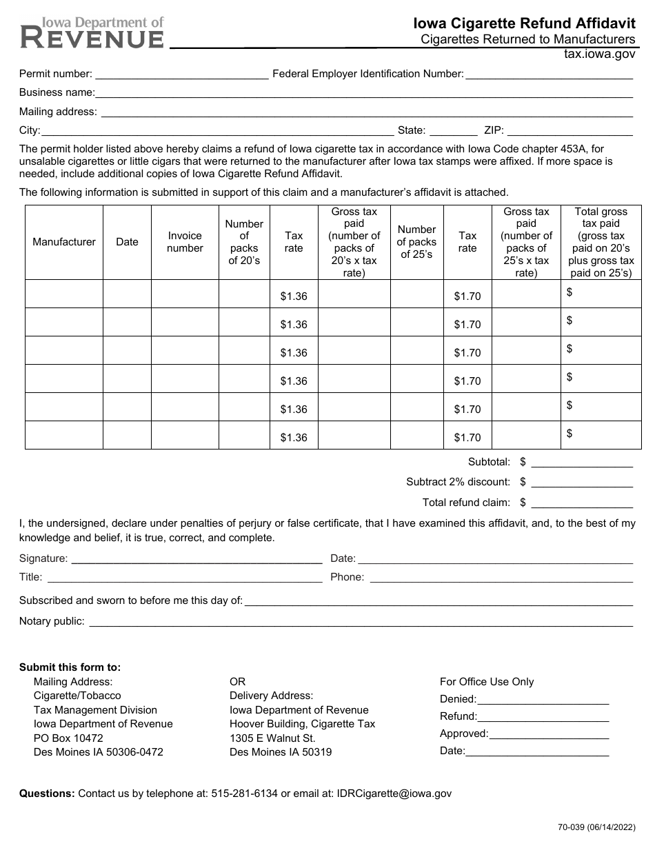 Form 70-039 Download Printable PDF or Fill Online Cigarette Refund ...
