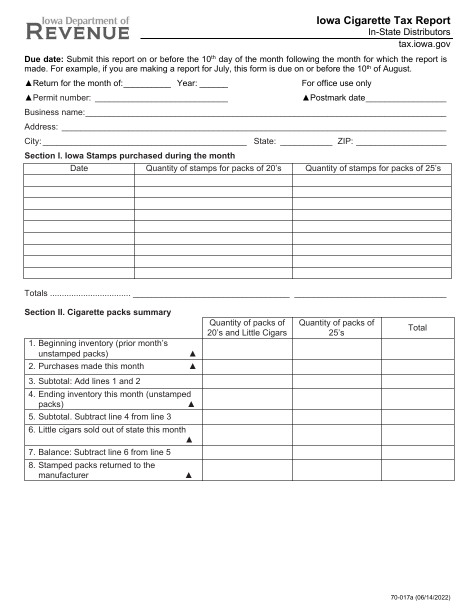 Form 70-017 Cigarette Tax Report for in-State Distributors - Iowa, Page 1
