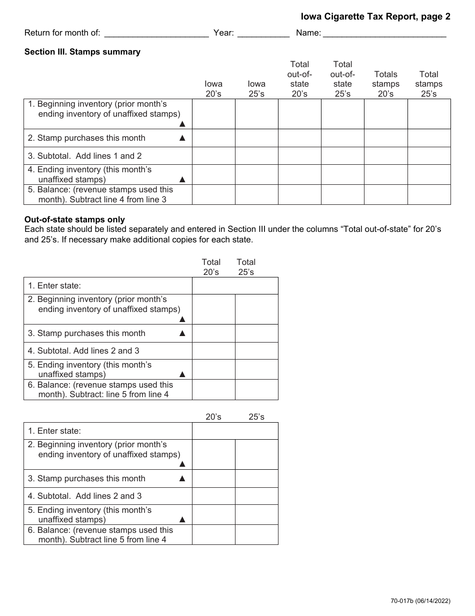 Form 70-017 Cigarette Tax Report for in-State Distributors - Iowa, Page 2