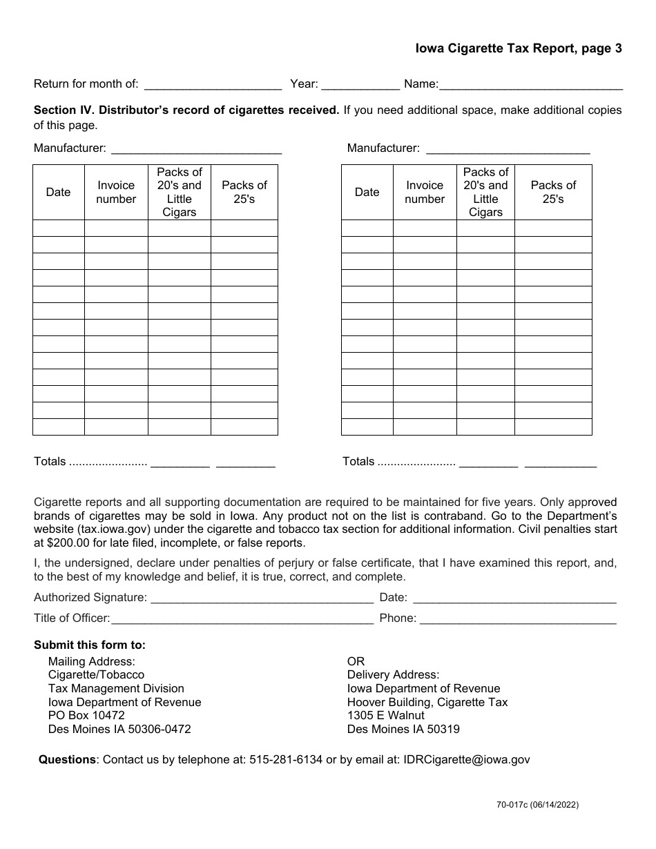 Form 70-017 Cigarette Tax Report for in-State Distributors - Iowa, Page 3