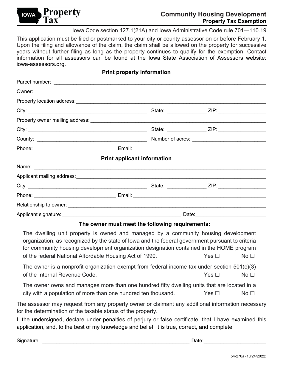 Form 54 270 Fill Out Sign Online And Download Printable PDF Iowa   Form 54 270 Community Housing Development Property Tax Exemption Iowa Print Big 