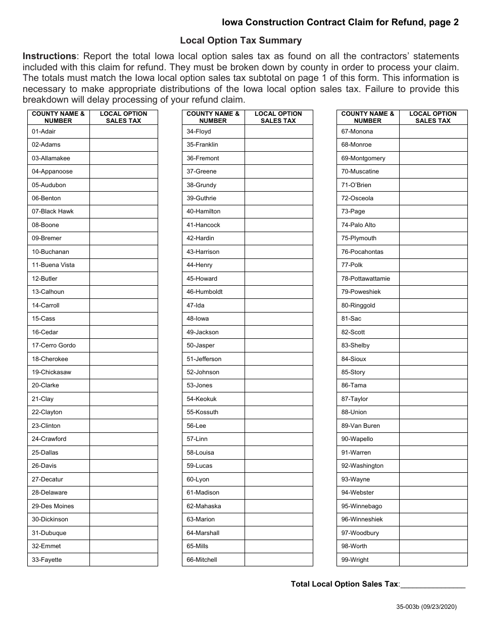 Form 35-003 Iowa Construction Contract Claim for Refund - Iowa, Page 2