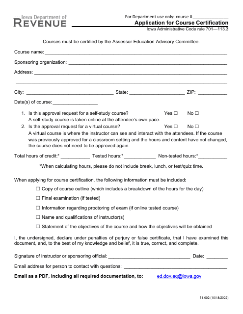 Form 51-002 Application for Course Certification - Iowa