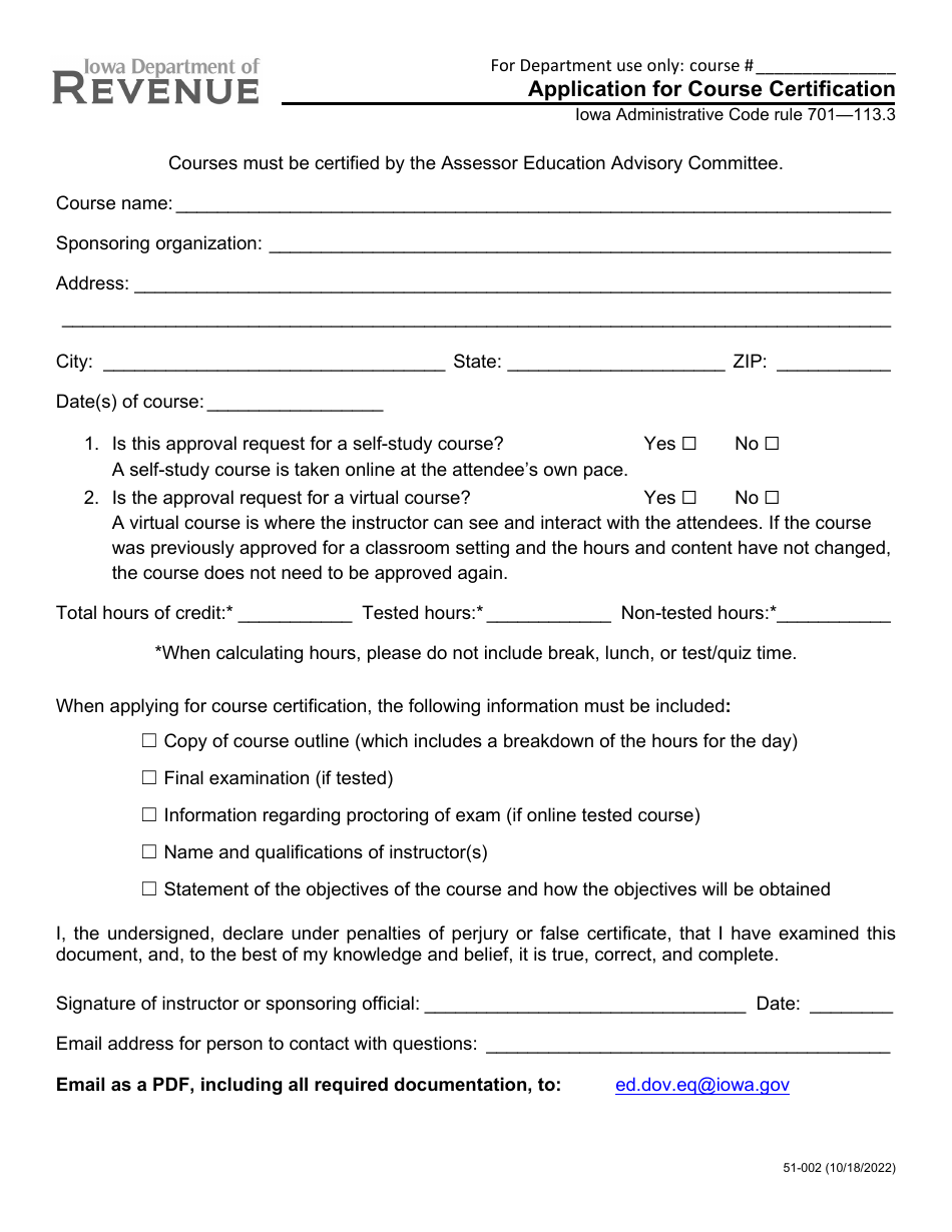 Form 51-002 Application for Course Certification - Iowa, Page 1