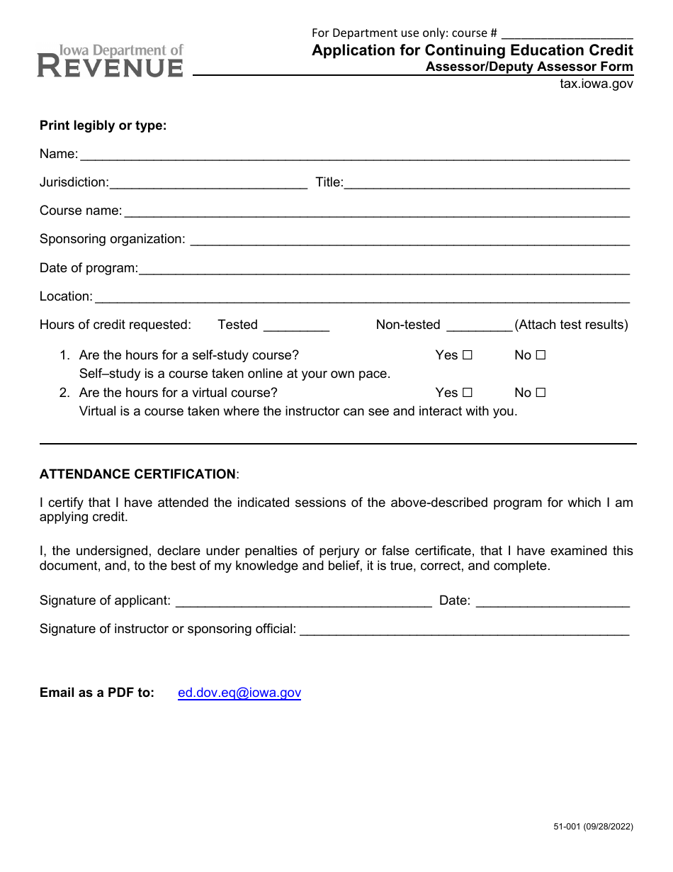 Form 51-001 Continuing Education Credit for Assessors and Deputy Assessors - Iowa, Page 1