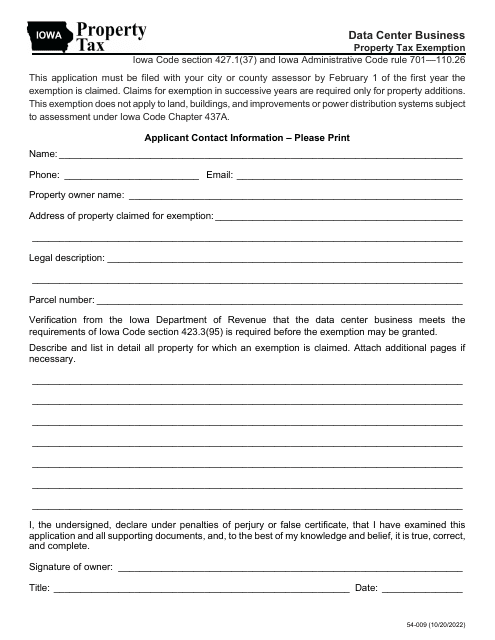 Form 54-009 Data Center Business Application for Property Tax Exemption - Iowa