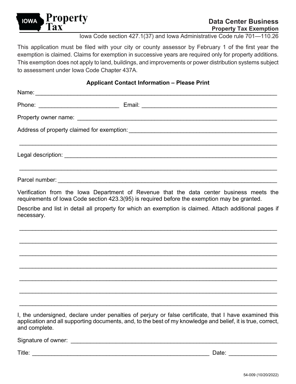 Form 54-009 Data Center Business Application for Property Tax Exemption - Iowa, Page 1