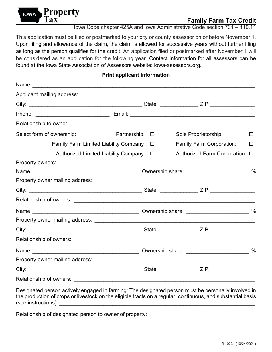Form 54-023 Family Farm Tax Credit - Iowa, Page 1