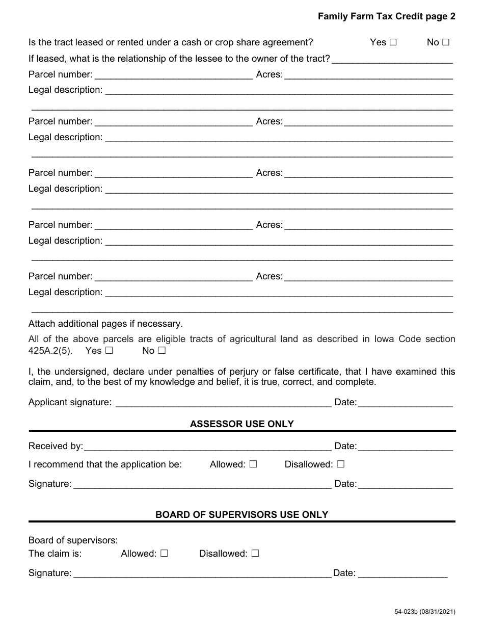 Form 54-023 Family Farm Tax Credit - Iowa, Page 2