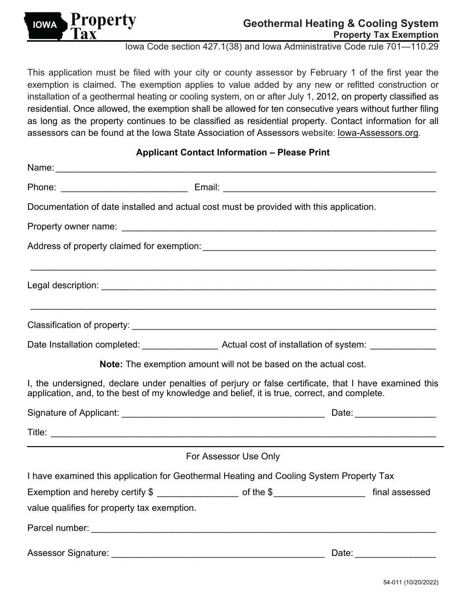 Form 54-011 Geothermal Heating  Cooling System Property Tax Exemption - Iowa, Page 1