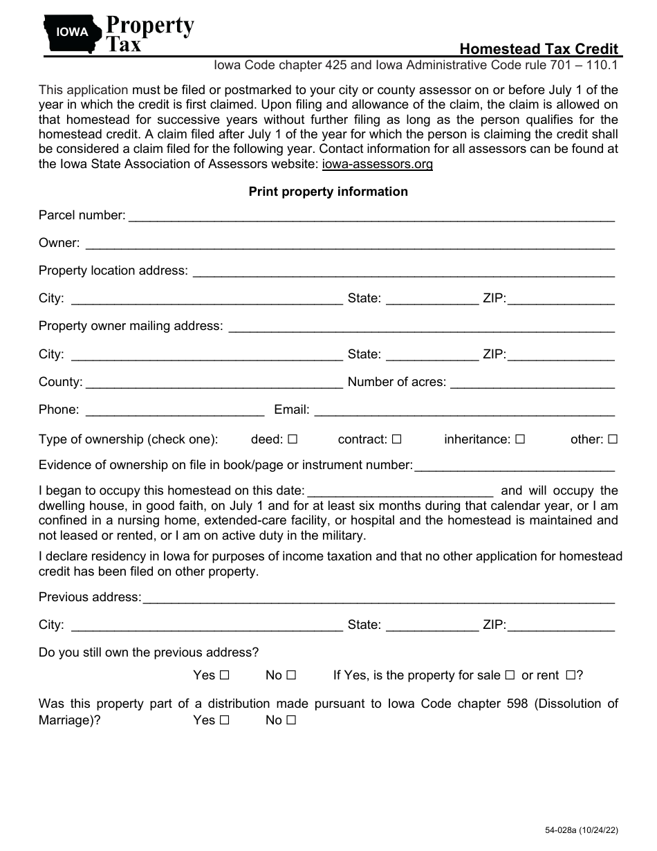 Form 54-028 Homestead Tax Credit - Iowa, Page 1