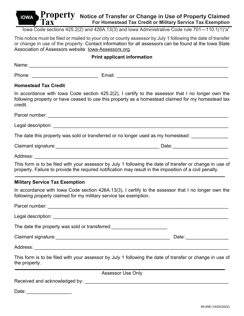 Form 59-458 Notice of Transfer or Change in Use of Property Claimed for Homestead Tax Credit or Military Service Tax Exemption - Iowa, Page 1