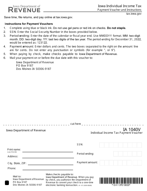 Form IA1040V (41-137) Individual Income Tax Payment Voucher - Iowa