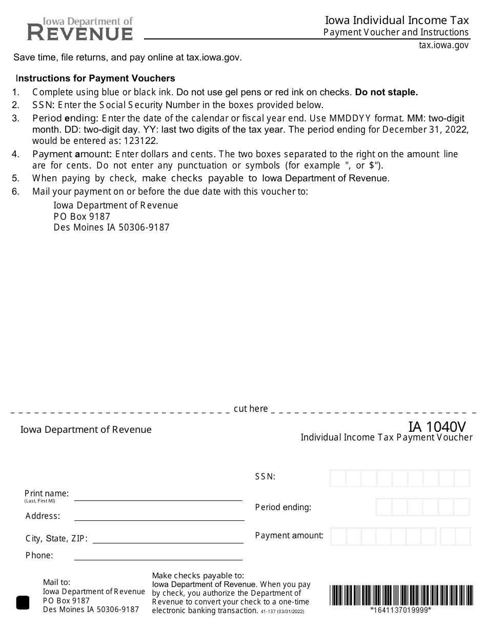 Form IA1040V (41137) Download Fillable PDF or Fill Online Individual
