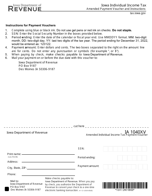 Form IA1040XV (41-121) Amended Individual Income Tax Payment Voucher - Iowa