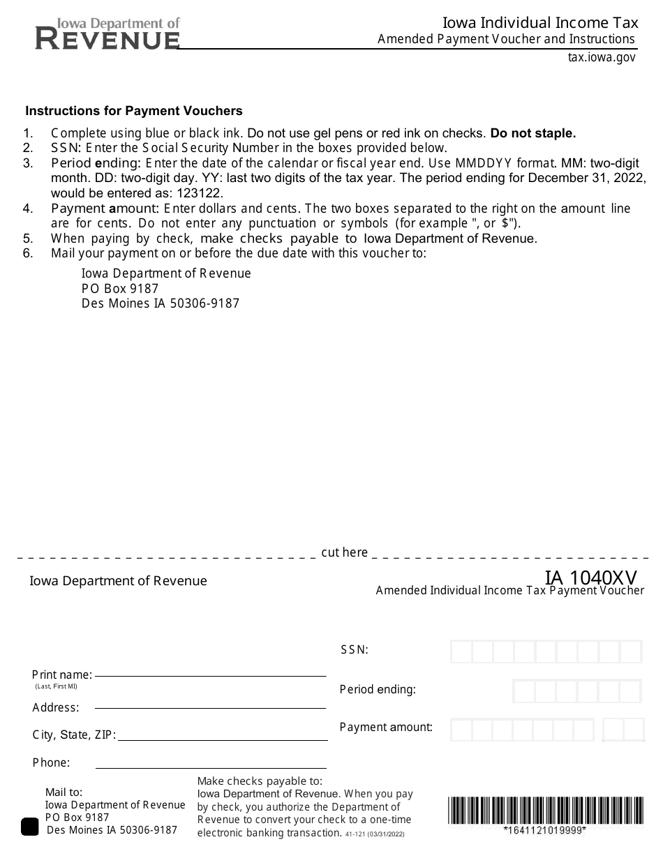Form IA1040XV (41-121) Amended Individual Income Tax Payment Voucher - Iowa, Page 1