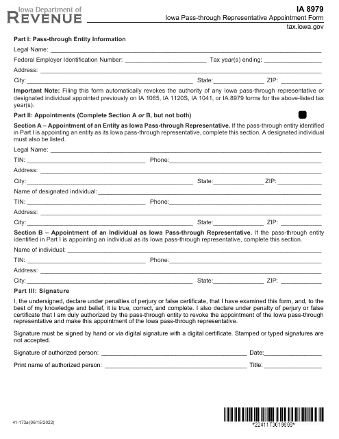 Form IA8979 (41-173) Iowa Pass-Through Representative Appointment Form - Iowa
