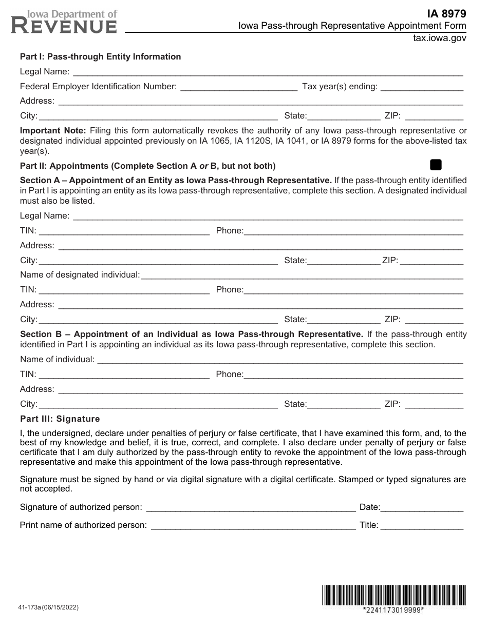 Form IA8979 (41-173) Iowa Pass-Through Representative Appointment Form - Iowa, Page 1