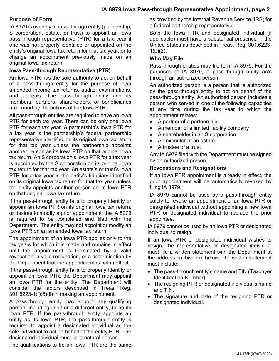 Form IA8979 (41-173) Iowa Pass-Through Representative Appointment Form - Iowa, Page 2