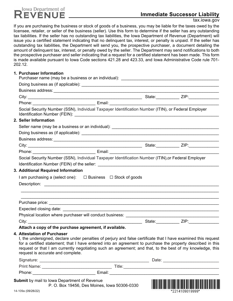 Form 14-109 Immediate Successor Liability - Iowa, Page 1