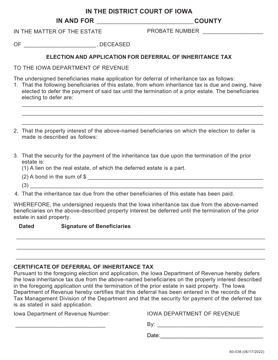 Form 60-038 Election and Application for Deferral of Inheritance Tax - Iowa, Page 1