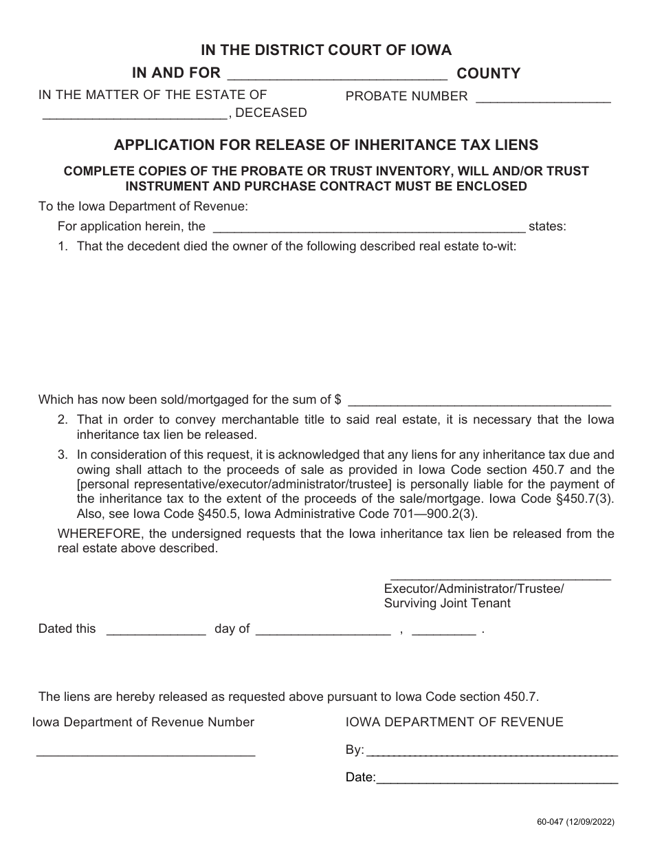 Form 60-047 Application for Release of Inheritance Tax Liens - Iowa, Page 1