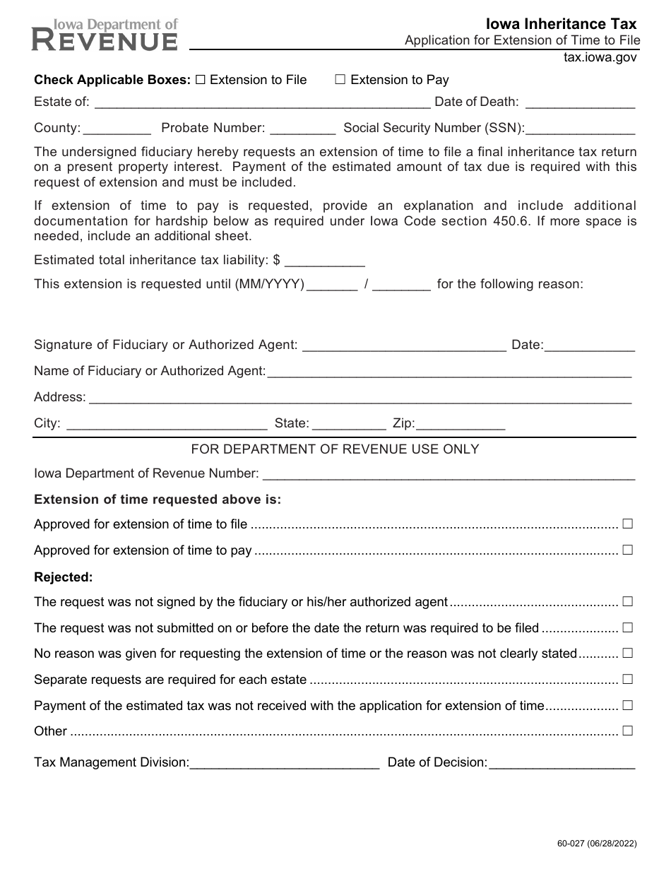 Form 60-027 Inheritance Tax Application for Extension of Time to File - Iowa, Page 1