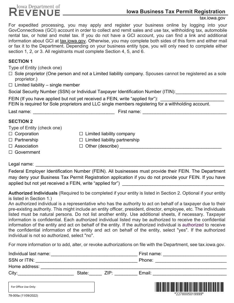 Form 78-005 Iowa Business Tax Permit Registration - Iowa, Page 1