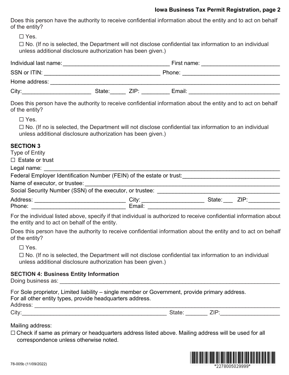 Form 78-005 Iowa Business Tax Permit Registration - Iowa, Page 2