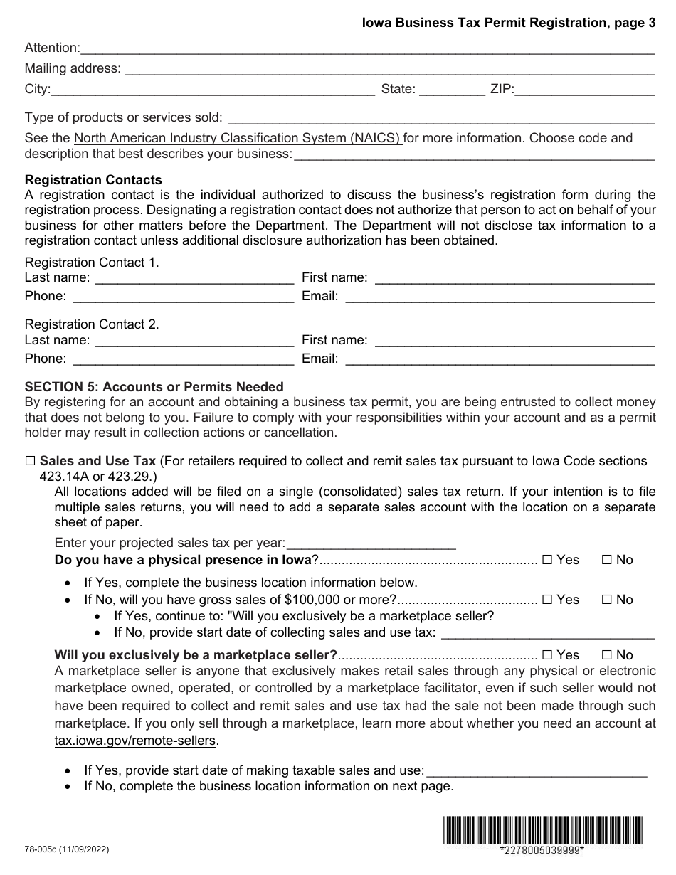 Form 78-005 - Fill Out, Sign Online and Download Fillable PDF, Iowa ...