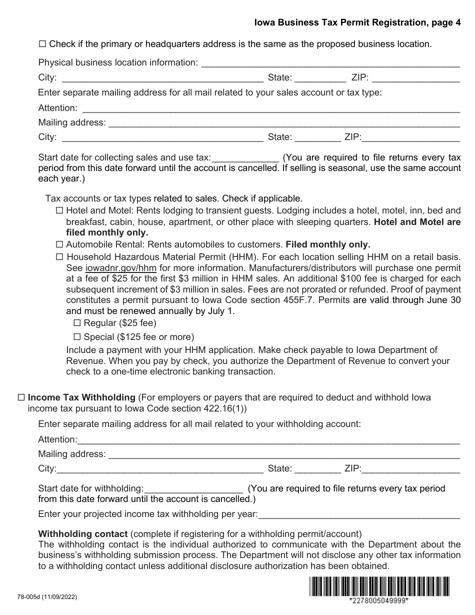 Form 78-005 Iowa Business Tax Permit Registration - Iowa, Page 4