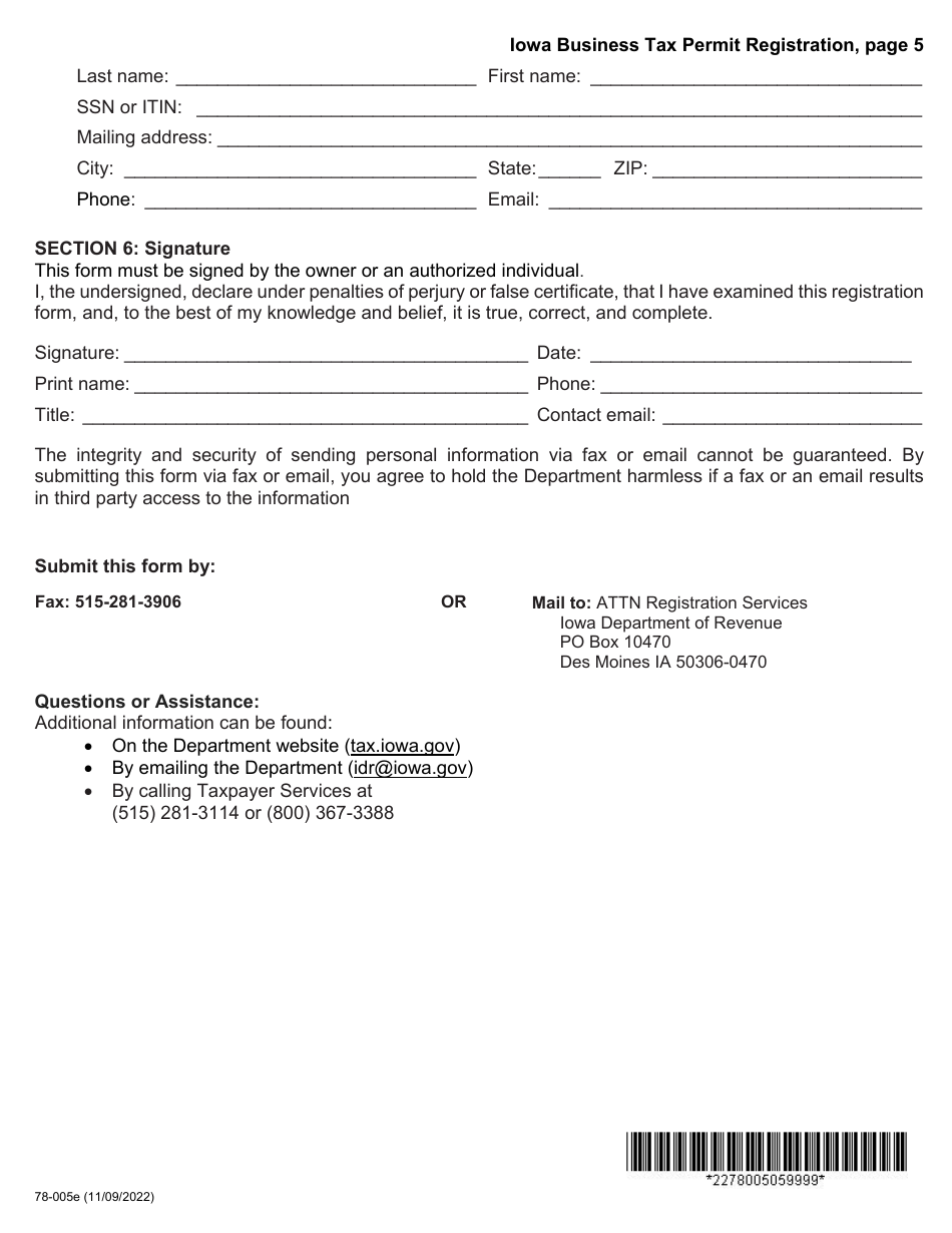 Form 78-005 Iowa Business Tax Permit Registration - Iowa, Page 5