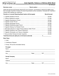 Form 70-031 Iowa Cigarette, Tobacco, or Delivery Seller Bond - Iowa